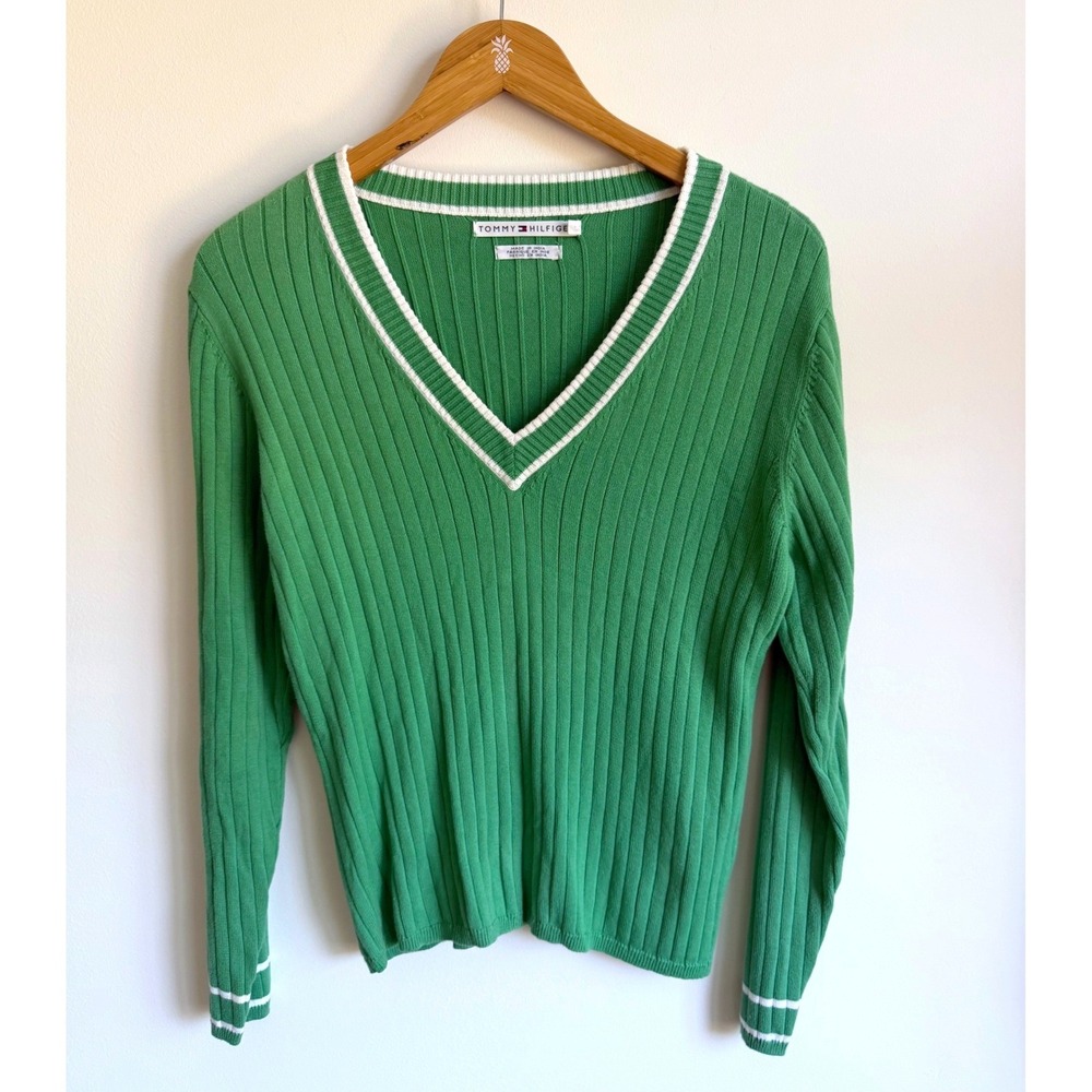 Tommy Hilfiger Women's Ribbed V Neck Sweater Large Preppy Academia Collegiate